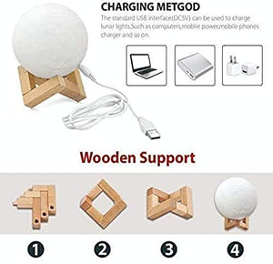 3D Moon Lamp 7 Color Rechargeable Sensor Touch Night Lamp with Wooden Stand