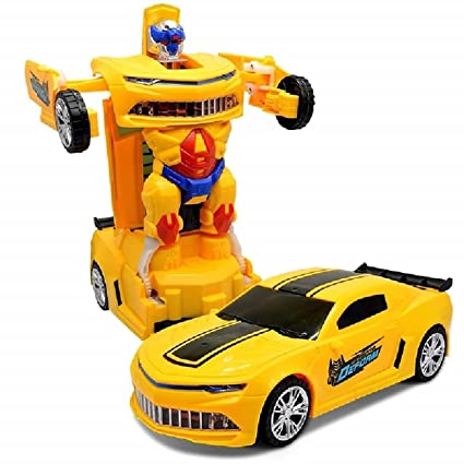 Robot Car Toy with 3D Lights and Music Transform Car Toy, Battery Operated (Yellow)