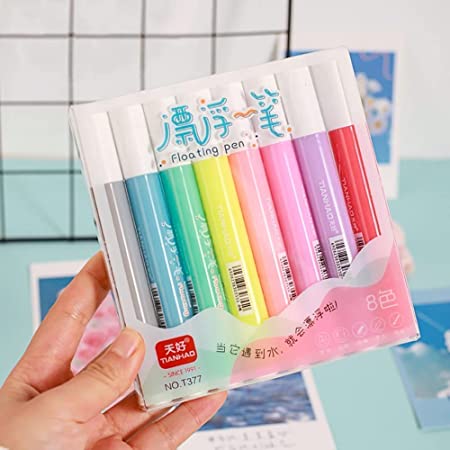 Set of 8 Colors Magic Doodle Water Painting Marker Set, Floating on Water Quick-Drying Ink Pen Water-Based Erasable Whiteboard Markers for Art Painting Drawing Sketching Coloring Crafts