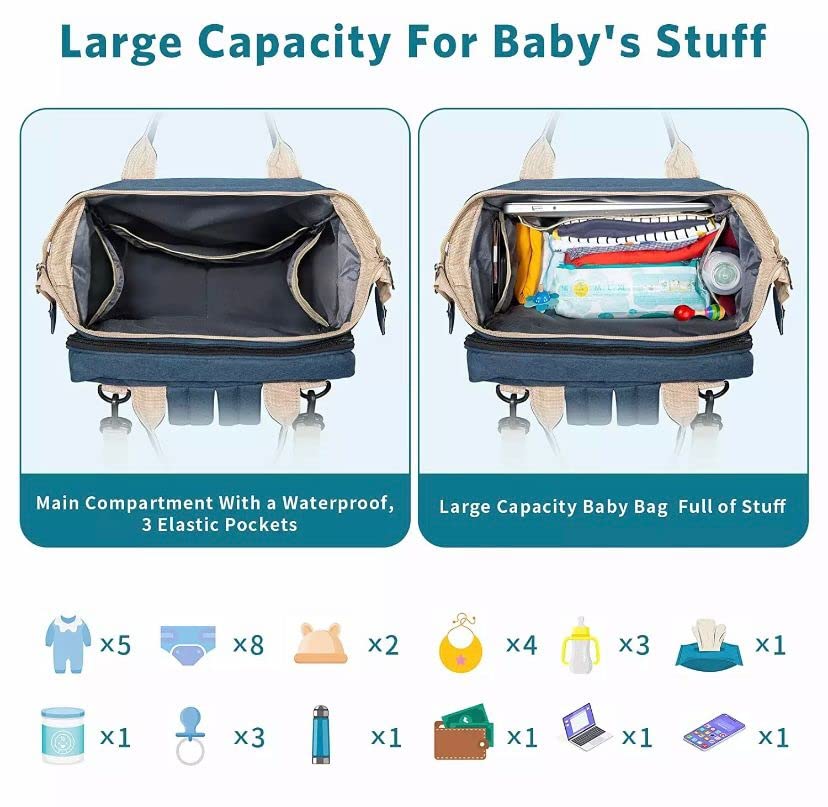 Foldable 900D Diaper Bag/Backpack with Bassinet, Folding Washable Crib, Infant Sleeper Nest (Navy Blue)