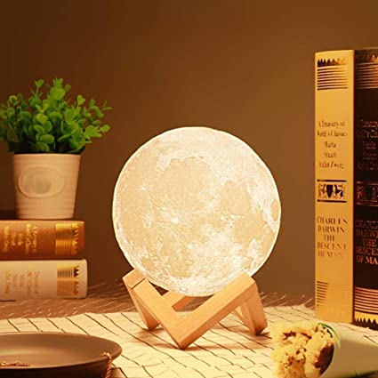 3D Moon Lamp 7 Color Rechargeable Sensor Touch Night Lamp with Wooden Stand